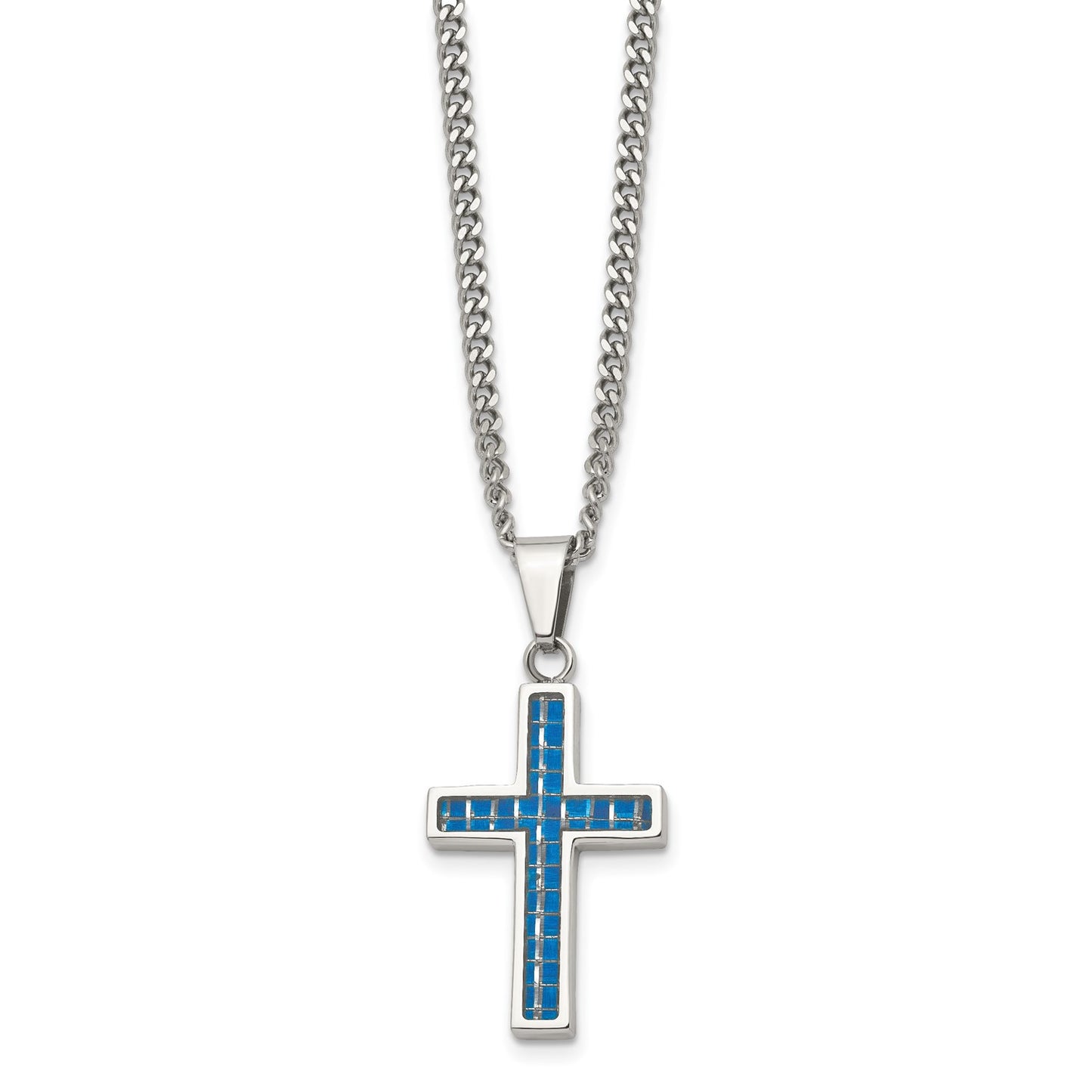 Chisel Stainless Steel Polished with Blue Carbon Fiber Inlay Cross Pendant on a 20 inch Curb Chain Necklace