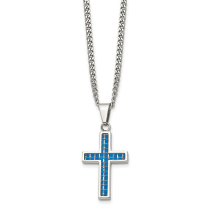 Chisel Stainless Steel Polished with Blue Carbon Fiber Inlay Cross Pendant on a 20 inch Curb Chain Necklace