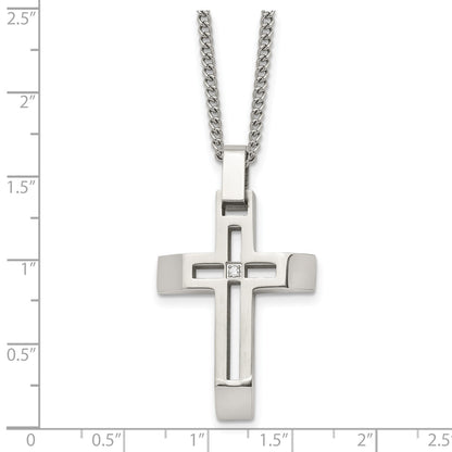 Chisel Stainless Steel Brushed and Polished with CZ Open Cross Pendant on a 22 inch Cable Chain Necklace