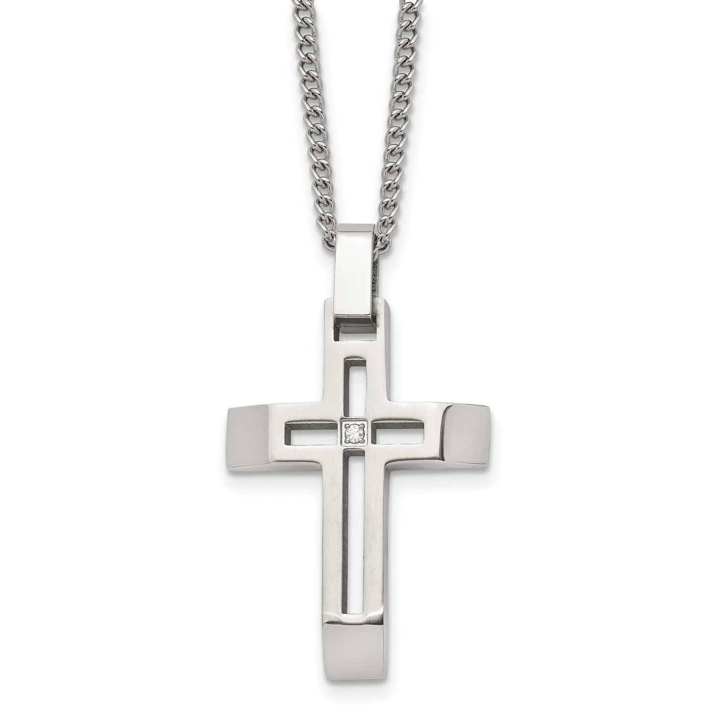 Chisel Stainless Steel Brushed and Polished with CZ Open Cross Pendant on a 22 inch Cable Chain Necklace