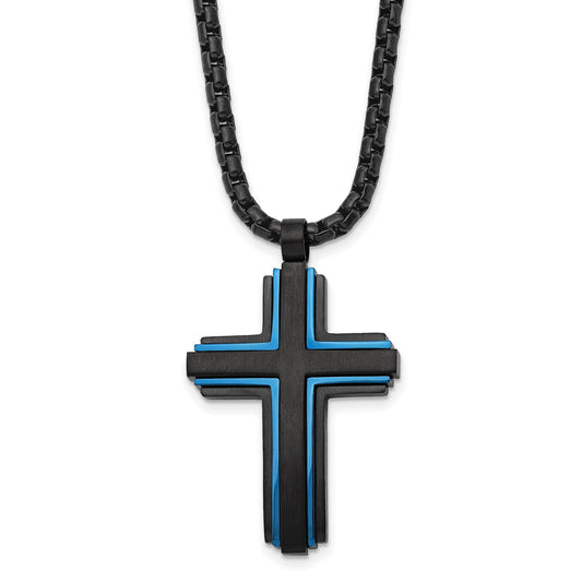 MJ Steel Brushed and Polished Black and Blue IP-plated Cross Pendant on a 24 inch Box Chain Necklace