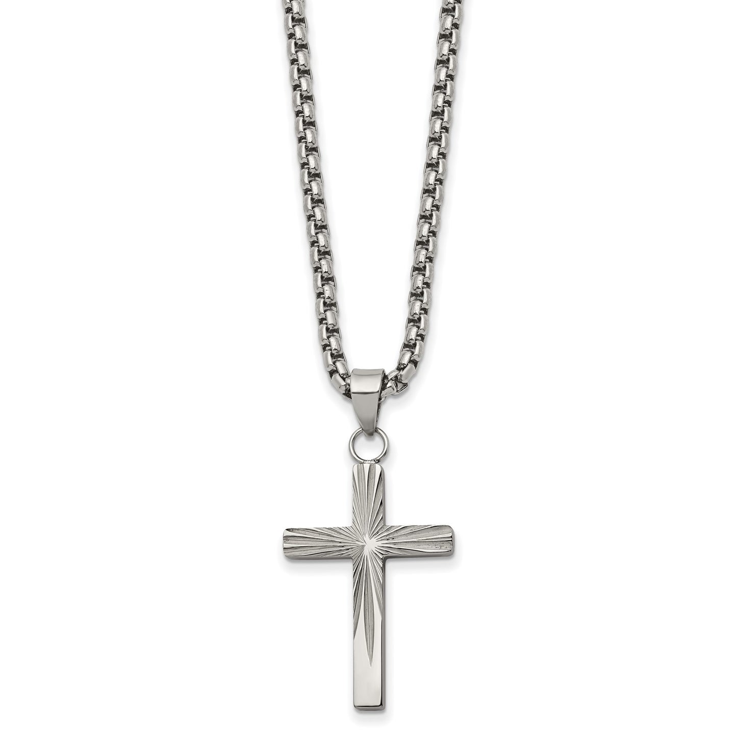 Chisel Stainless Steel Polished and Textured Sunburst Design Cross Pendant on a 24 inch Box Chain Necklace