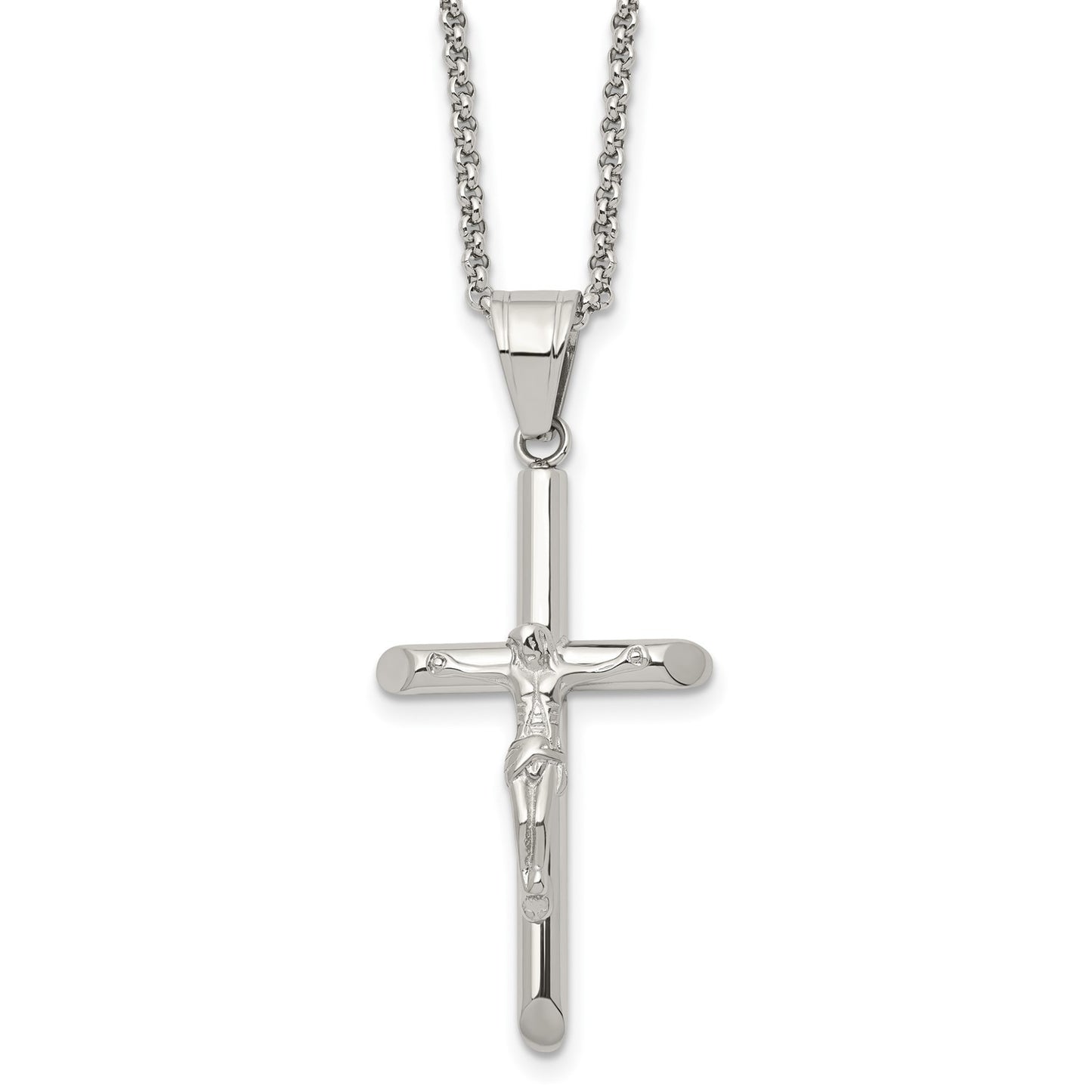 Chisel Stainless Steel Polished Crucifix Pendant on a 22 inch Rolo Chain Necklace