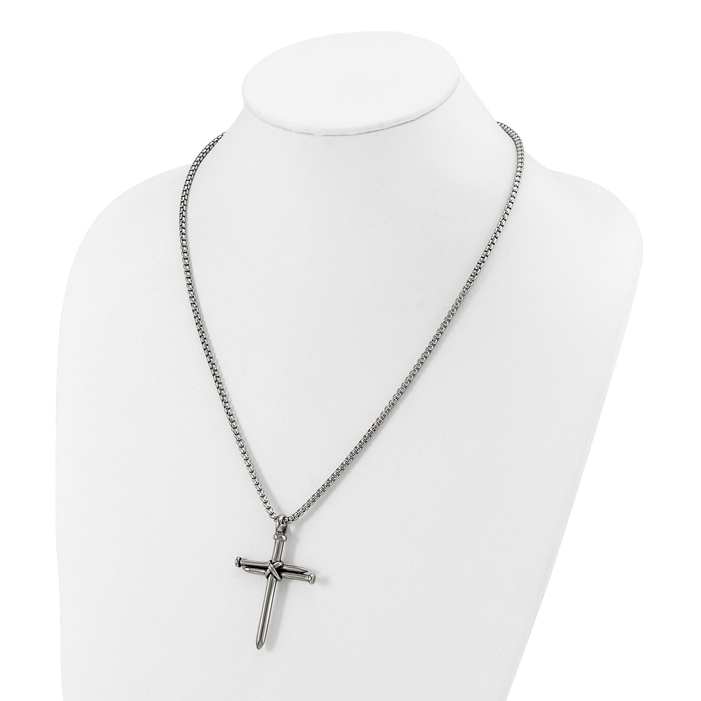 Chisel Stainless Steel Polished Antiqued and Polished Cross of Nails Pendant on a 22 inch Box Chain Necklace