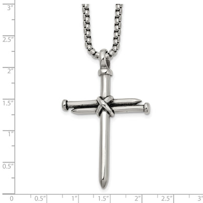 Chisel Stainless Steel Polished Antiqued and Polished Cross of Nails Pendant on a 22 inch Box Chain Necklace