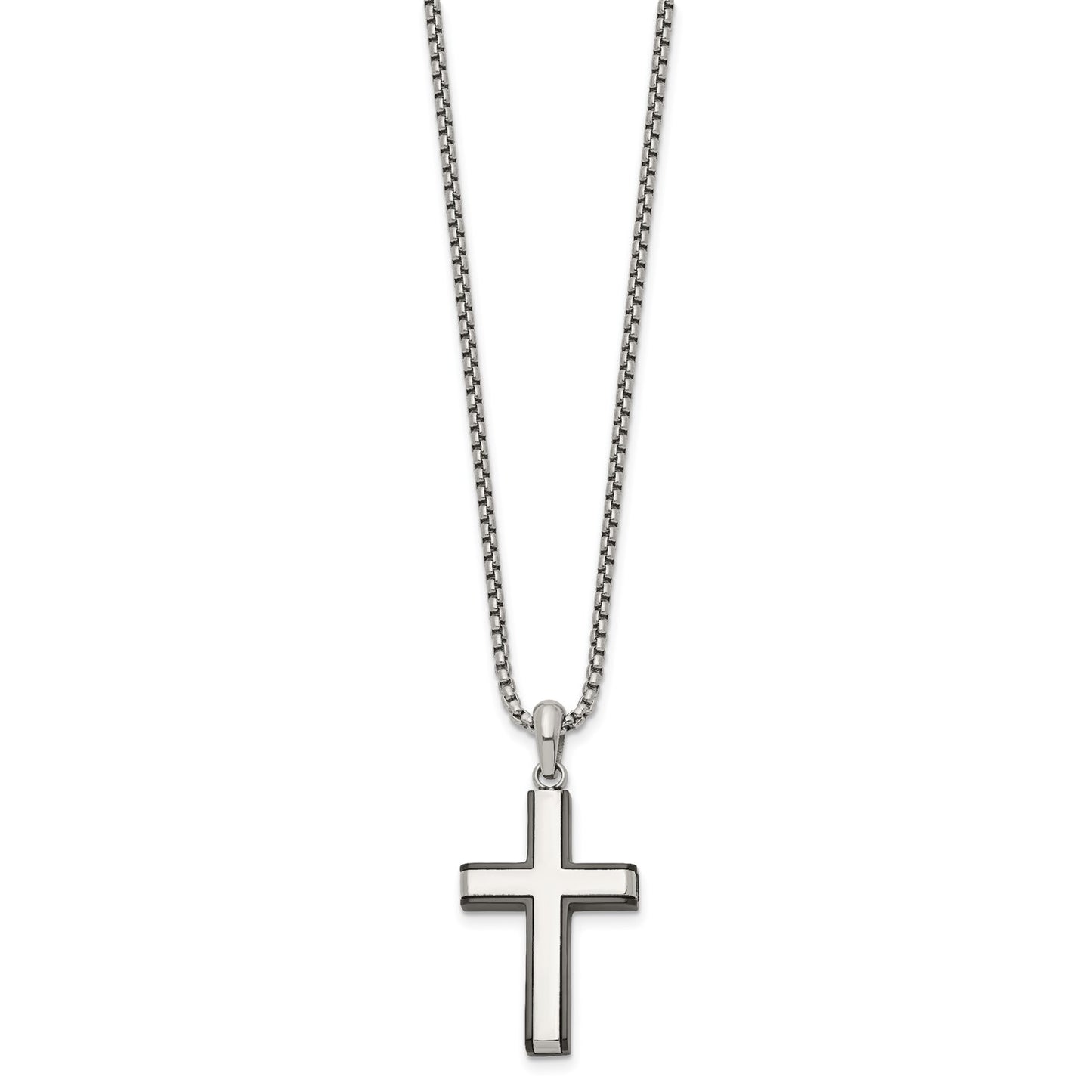 Chisel Stainless Steel Polished Black IP-plated Edges Cross Pendant on a 20 inch Box Chain Necklace