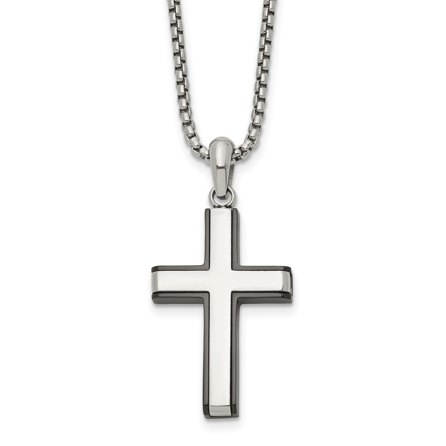 Chisel Stainless Steel Polished Black IP-plated Edges Cross Pendant on a 20 inch Box Chain Necklace