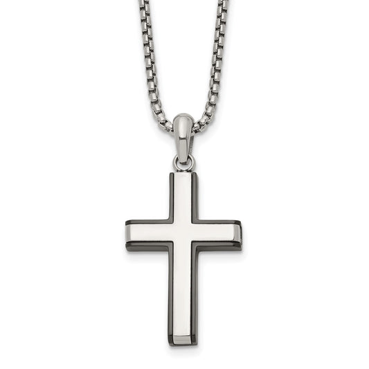 Chisel Stainless Steel Polished Black IP-plated Edges Cross Pendant on a 20 inch Box Chain Necklace