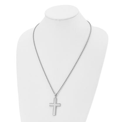 Chisel Stainless Steel Polished Laser Cut Edges Cross Pendant on a 24 inch Rope Chain Necklace