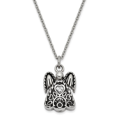 Sentimental Expressions Stainless Steel Clear CZ April Birthstone Antiqued Angel Ash Holder 18 Inch Necklace