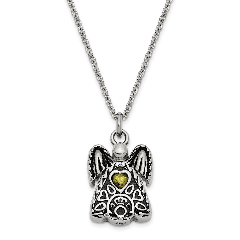 Sentimental Expressions Stainless Steel Light Green CZ August Birthstone Antiqued Angel Ash Holder 18 Inch Necklace