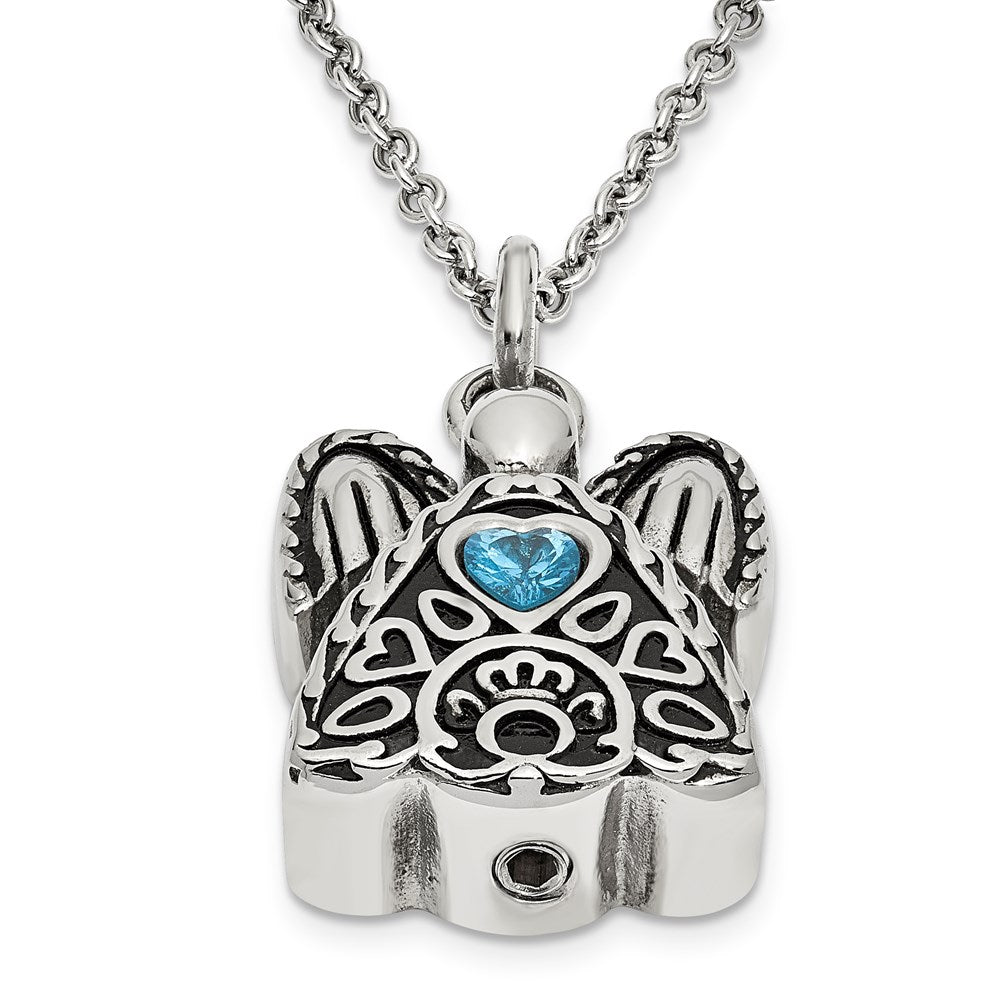 Sentimental Expressions Stainless Steel Blue CZ December Birthstone Antiqued Angel Ash Holder 18 Inch Necklace