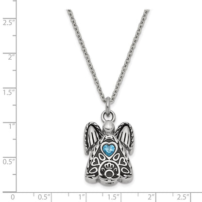 Sentimental Expressions Stainless Steel Blue CZ December Birthstone Antiqued Angel Ash Holder 18 Inch Necklace