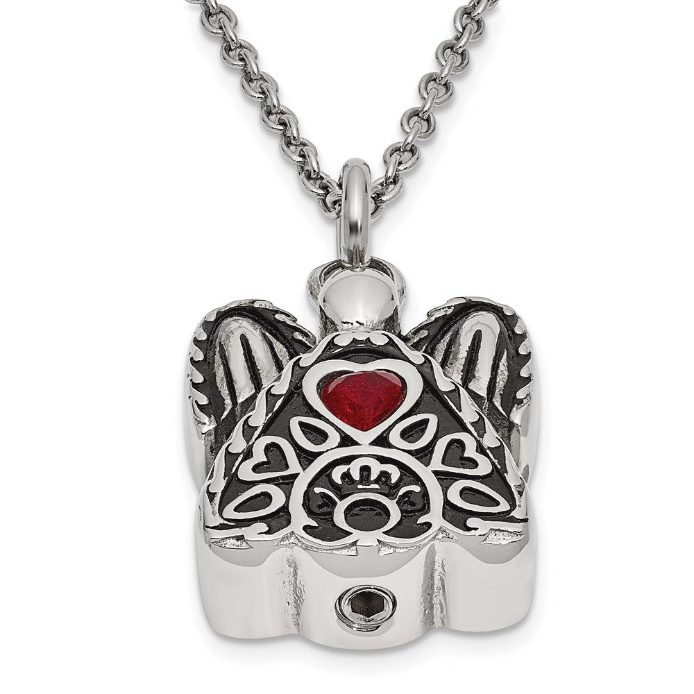 Sentimental Expressions Stainless Steel Dark Red CZ January Birthstone Antiqued Angel Ash Holder 18 Inch Necklace