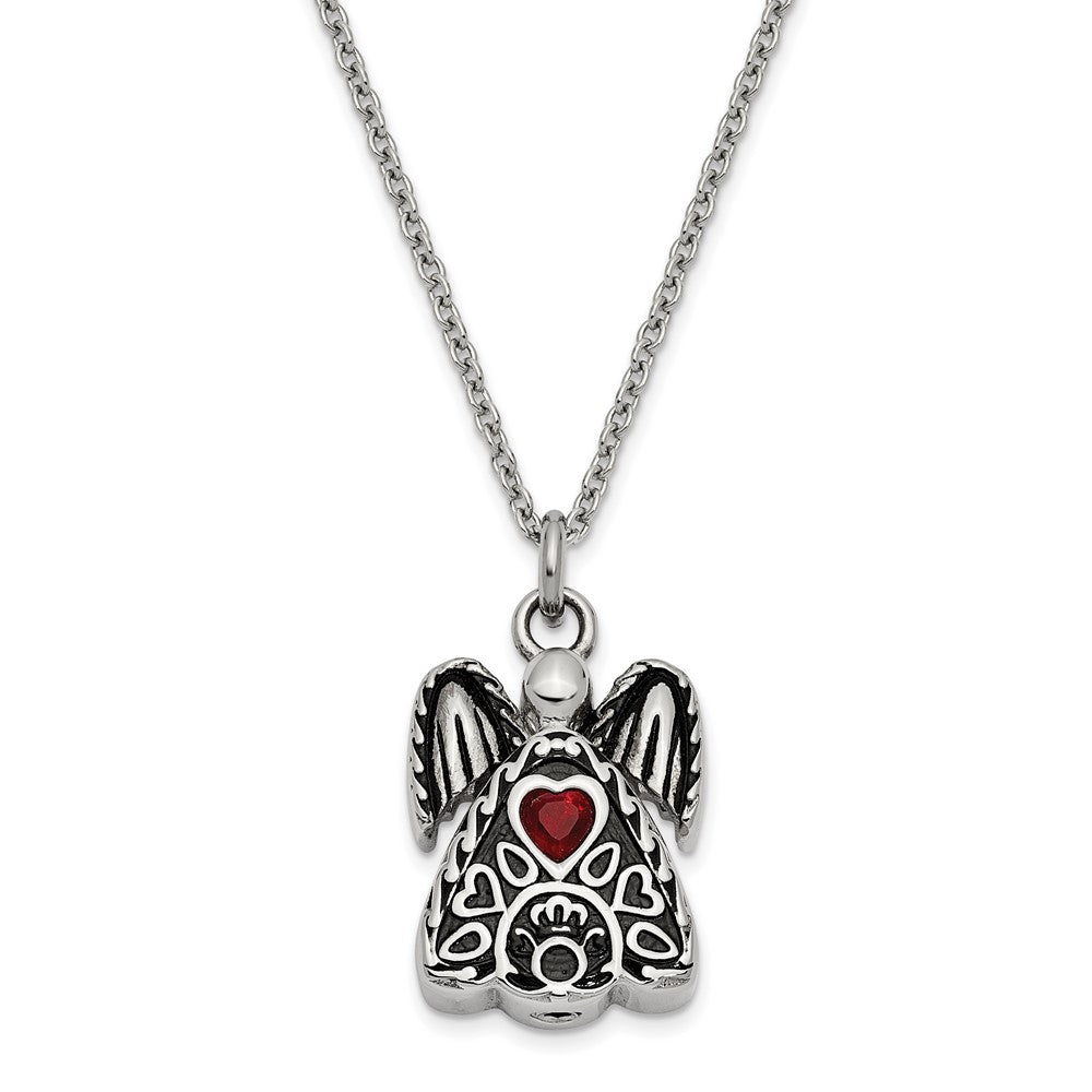 Sentimental Expressions Stainless Steel Dark Red CZ January Birthstone Antiqued Angel Ash Holder 18 Inch Necklace