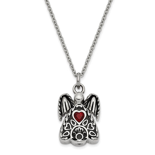 Sentimental Expressions Stainless Steel Dark Red CZ January Birthstone Antiqued Angel Ash Holder 18 Inch Necklace