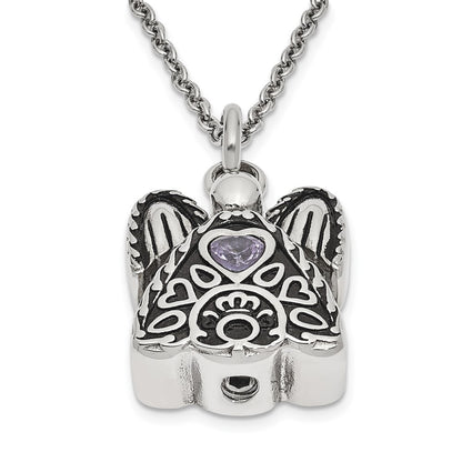 Sentimental Expressions Stainless Steel Light Purple CZ June Birthstone Antiqued Angel Ash Holder 18 Inch Necklace