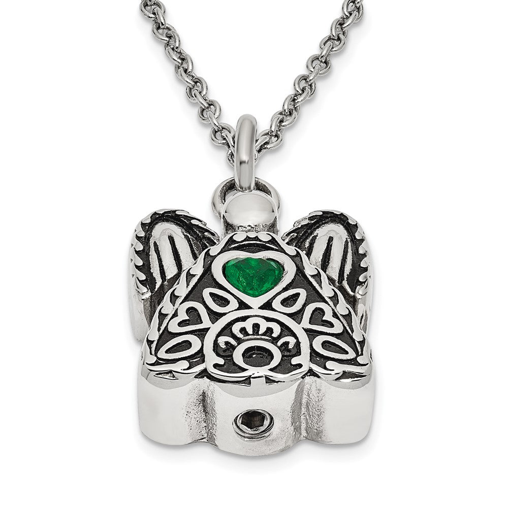 Sentimental Expressions Stainless Steel Green CZ May Birthstone Antiqued Angel Ash Holder 18 Inch Necklace