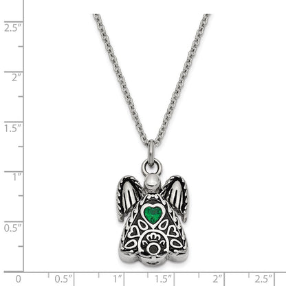 Sentimental Expressions Stainless Steel Green CZ May Birthstone Antiqued Angel Ash Holder 18 Inch Necklace