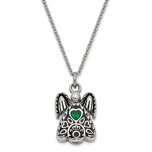 Sentimental Expressions Stainless Steel Green CZ May Birthstone Antiqued Angel Ash Holder 18 Inch Necklace