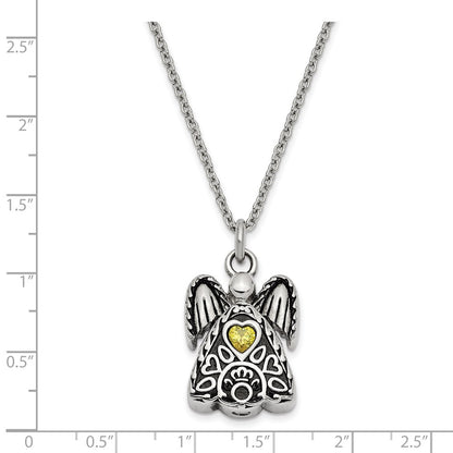 Sentimental Expressions Stainless Steel Yellow CZ November Birthstone Antiqued Angel Ash Holder 18 Inch Necklace