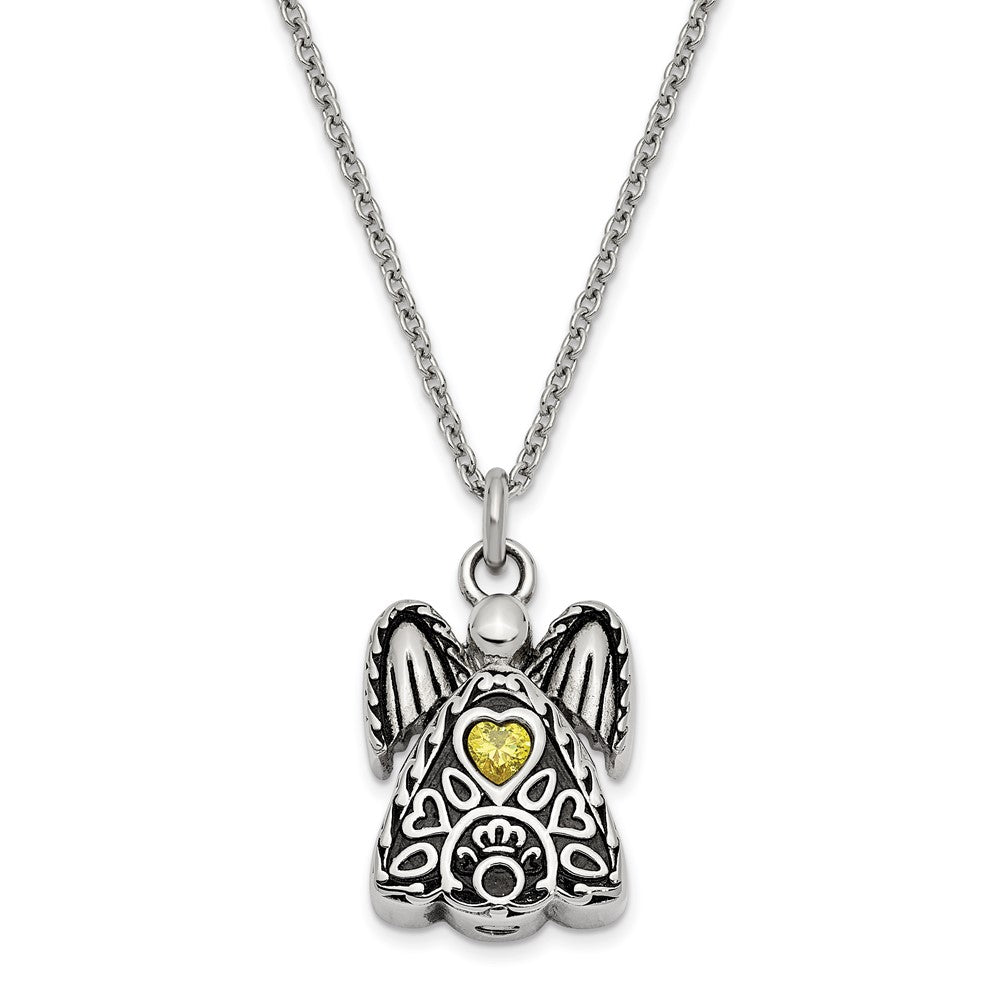 Sentimental Expressions Stainless Steel Yellow CZ November Birthstone Antiqued Angel Ash Holder 18 Inch Necklace