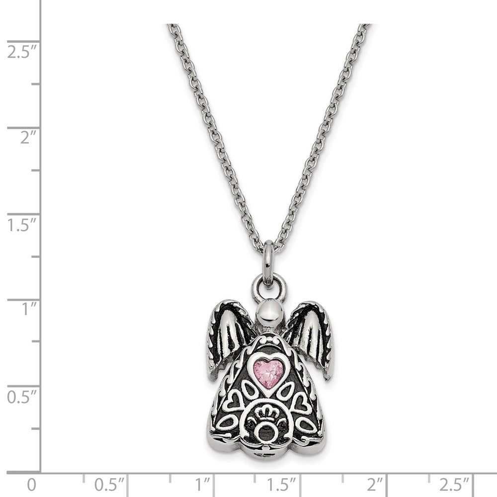 Sentimental Expressions Stainless Steel Pink CZ October Birthstone Antiqued Angel Ash Holder 18 Inch Necklace