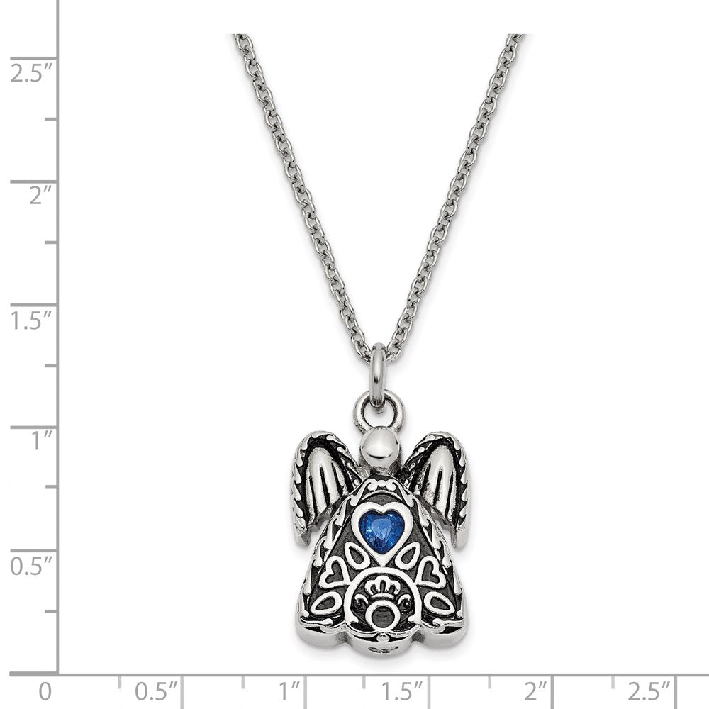 Sentimental Expressions Stainless Steel Dark Blue CZ September Birthstone Antiqued Angel Ash Holder 18 Inch Necklace