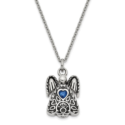 Sentimental Expressions Stainless Steel Dark Blue CZ September Birthstone Antiqued Angel Ash Holder 18 Inch Necklace