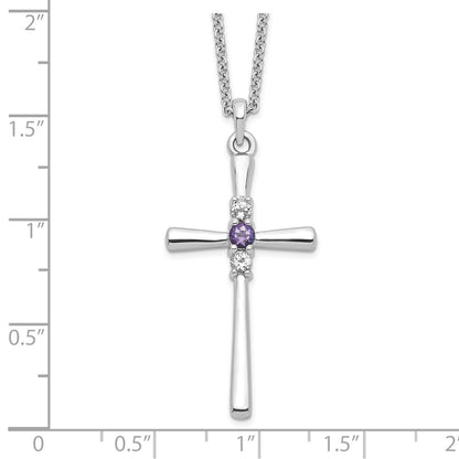 SSP Sterling Silver Rhodium-plated 16 Inch White and Purple Topaz Faith Cross Necklace with 2 Inch Extender
