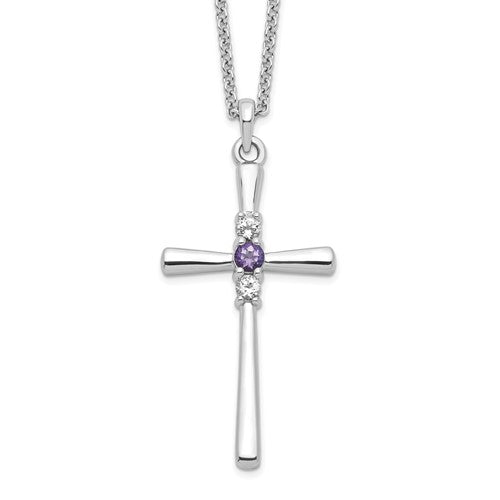 SSP Sterling Silver Rhodium-plated 16 Inch White and Purple Topaz Faith Cross Necklace with 2 Inch Extender