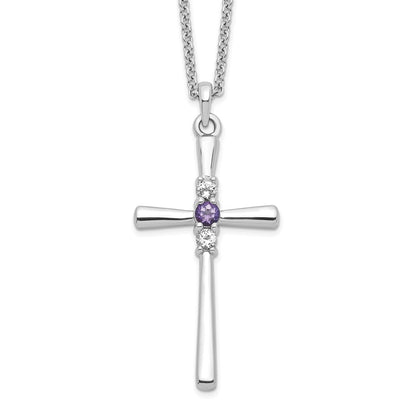 SSP Sterling Silver Rhodium-plated 16 Inch White and Purple Topaz Faith Cross Necklace with 2 Inch Extender