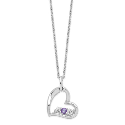 GSS Sterling Silver Rhodium-plated Clear and Purple Topaz Heart Strength Necklace