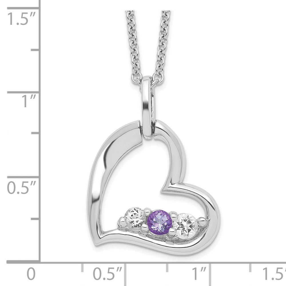 GSS Sterling Silver Rhodium-plated Clear and Purple Topaz Heart Strength Necklace