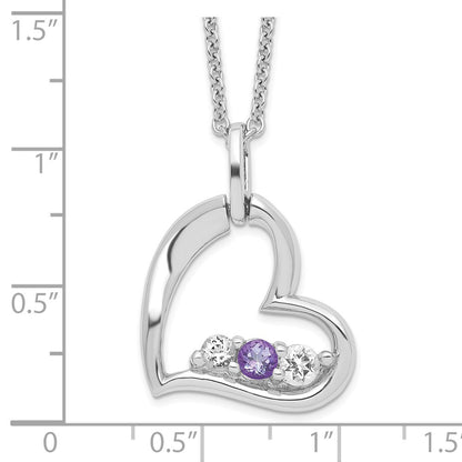 GSS Sterling Silver Rhodium-plated Clear and Purple Topaz Heart Strength Necklace
