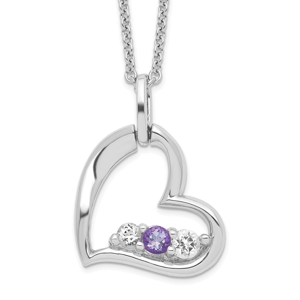 GSS Sterling Silver Rhodium-plated Clear and Purple Topaz Heart Strength Necklace