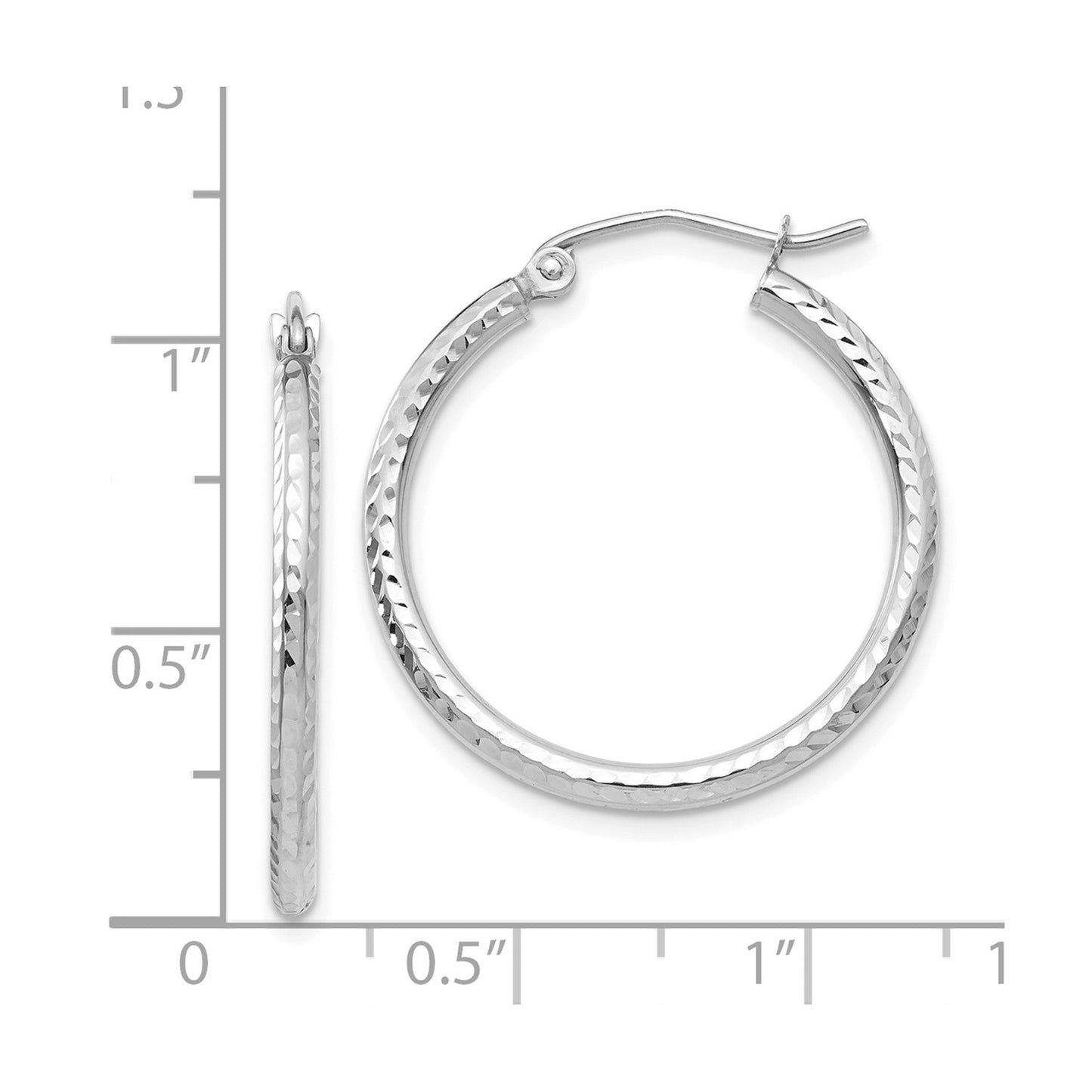 14k White Gold Diamond-cut 2mm Round Tube Hoop Earrings