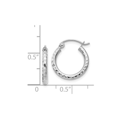 14k White Gold Diamond-cut 2mm Round Tube Hoop Earrings