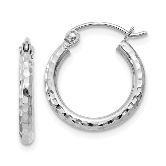 14k White Gold Diamond-cut 2mm Round Tube Hoop Earrings