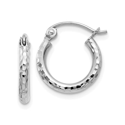 14k White Gold Diamond-cut 2mm Round Tube Hoop Earrings