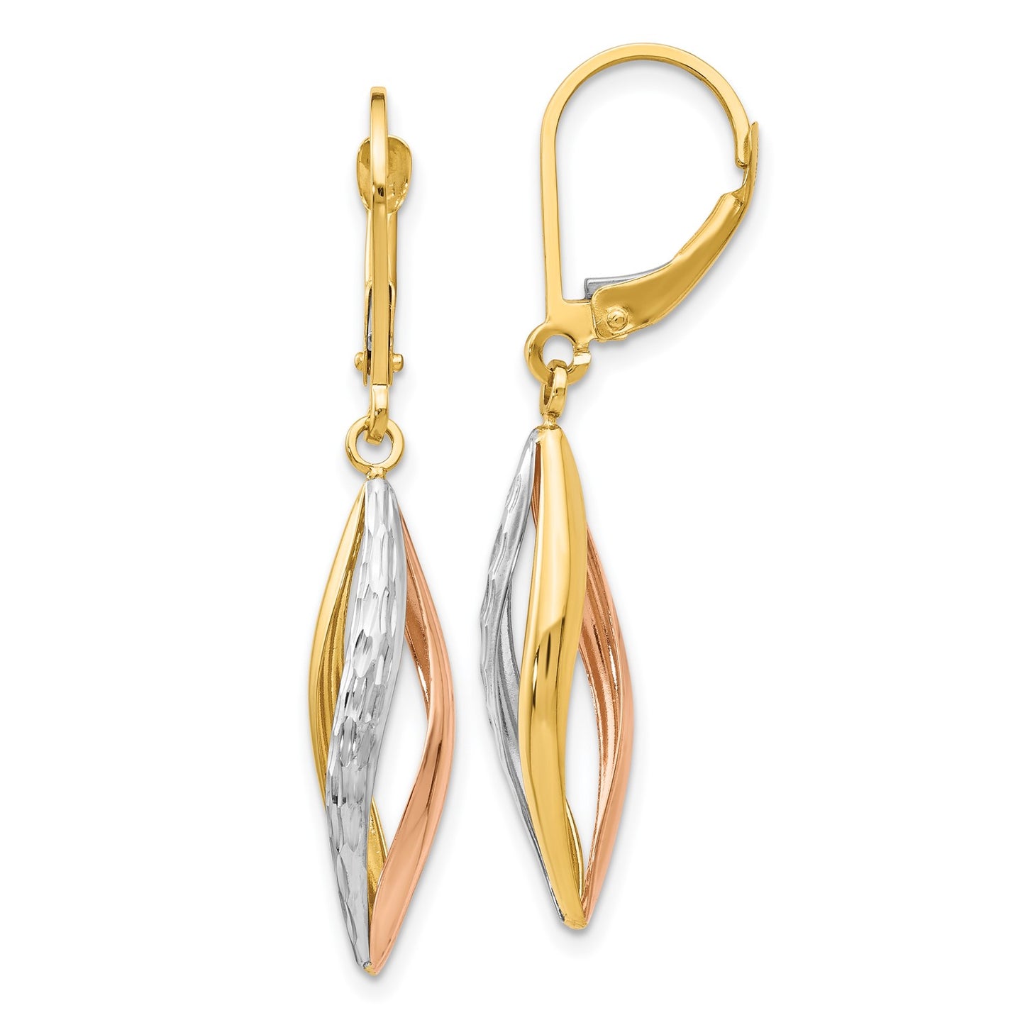 14K Two-tone with White Rhodium Diamond-cut Leverback Earrings