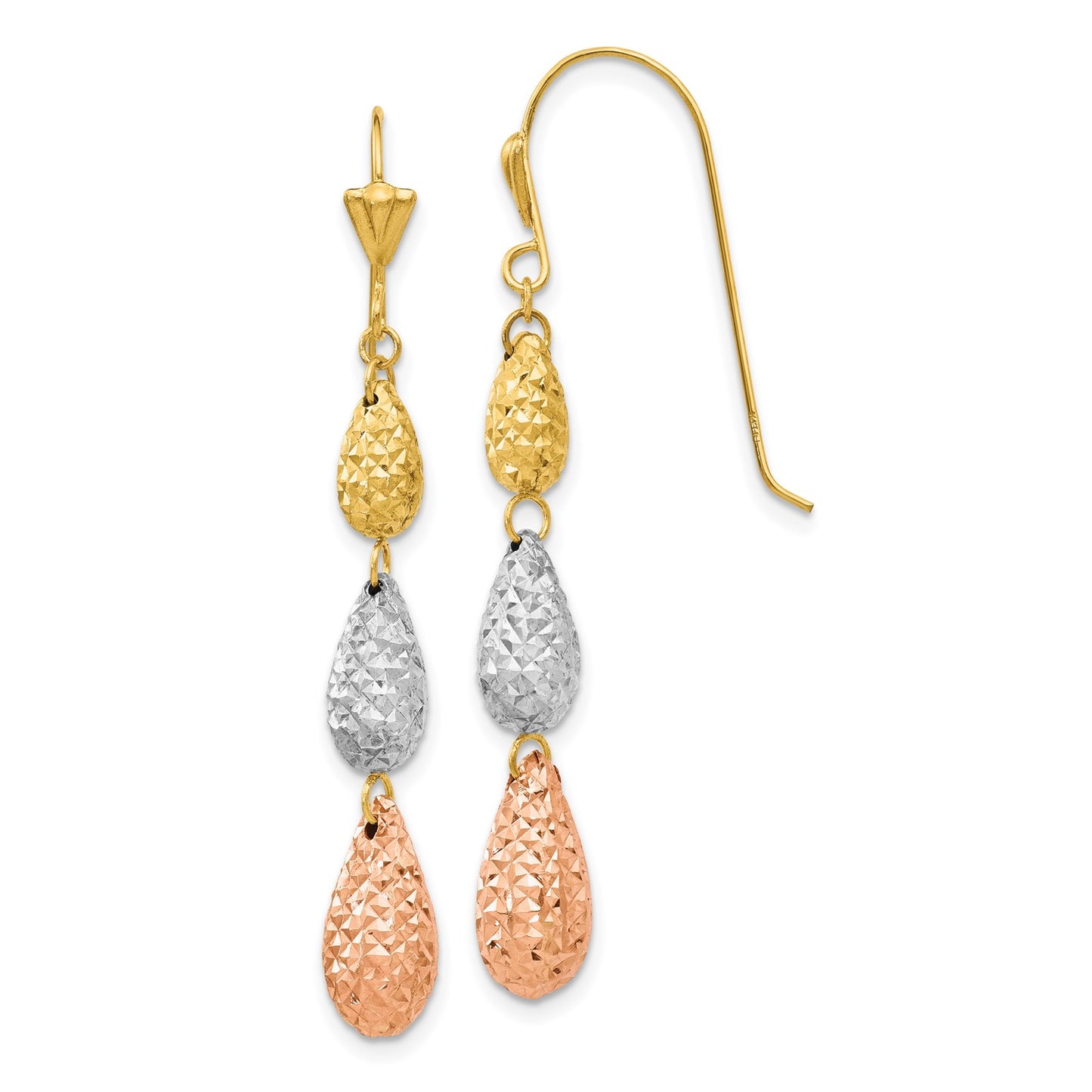 14k Tri-color Puff Diamond-cut Teardrop Dangle Earrings