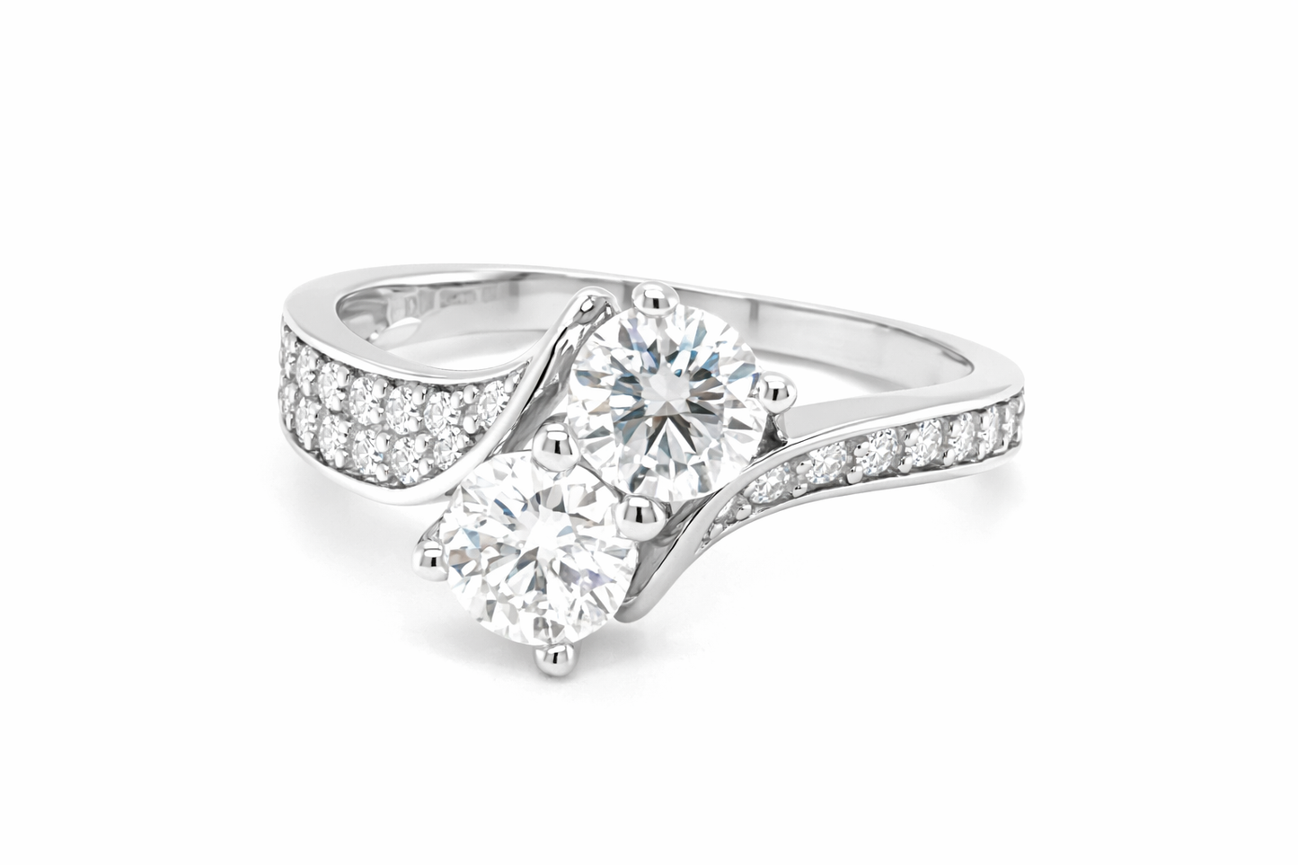 TTT Swish Sides Band SS Ring w/2 Round and Moissanite Gemstone Accents; Plated.