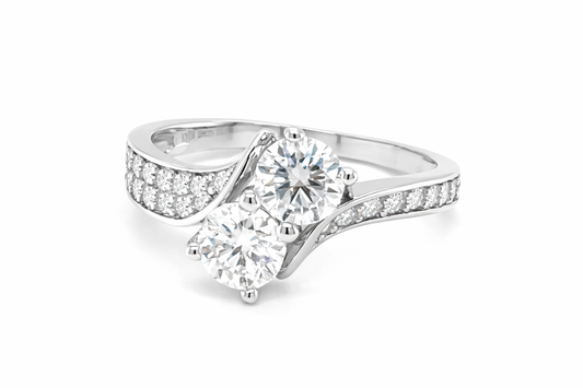 TTT Swish Sides Band SS Ring w/2 Round and Moissanite Gemstone Accents; Plated.