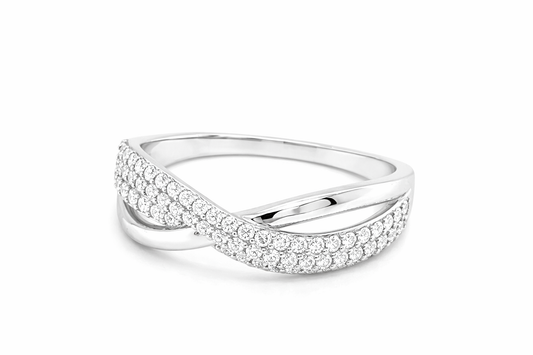 TTT High Polish, Criss-Cross Ring w/Moissanite Gemstones; Platinum Plated.