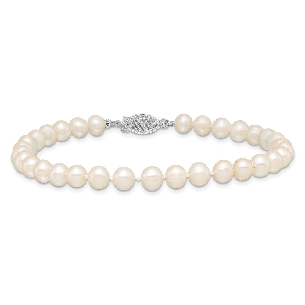 PGB 14k White Gold 5-6mm White Near Round Freshwater Cultured Pearl 7.5 inch Bracelet