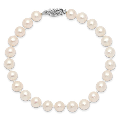 PGB 14k White Gold 6-7mm White Near Round Freshwater Cultured Pearl 7.5 inch Bracelet
