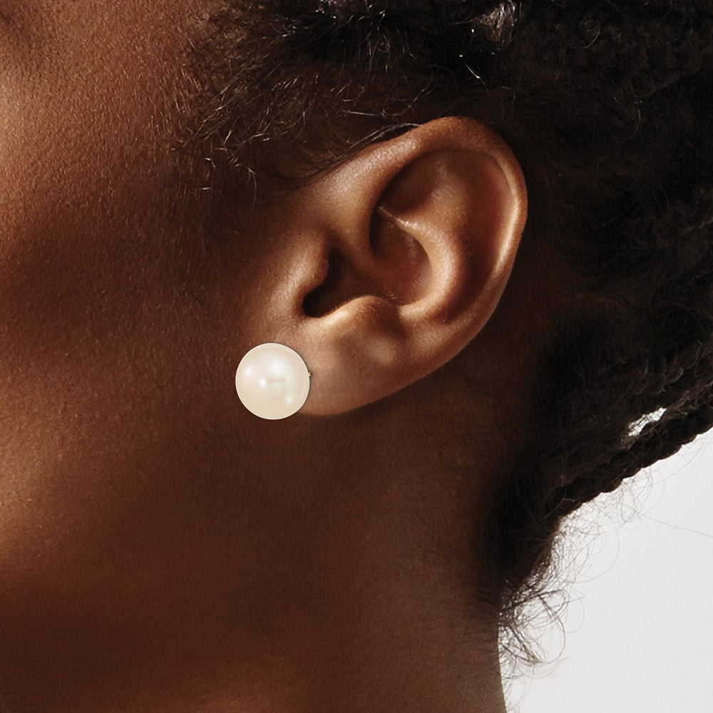 PGE 14k 13-14mm White Button Freshwater Cultured Pearl Stud Post Earrings