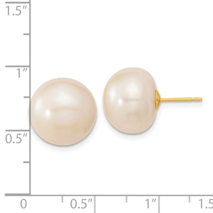 PGE 14k 13-14mm White Button Freshwater Cultured Pearl Stud Post Earrings
