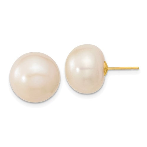 PGE 14k 13-14mm White Button Freshwater Cultured Pearl Stud Post Earrings